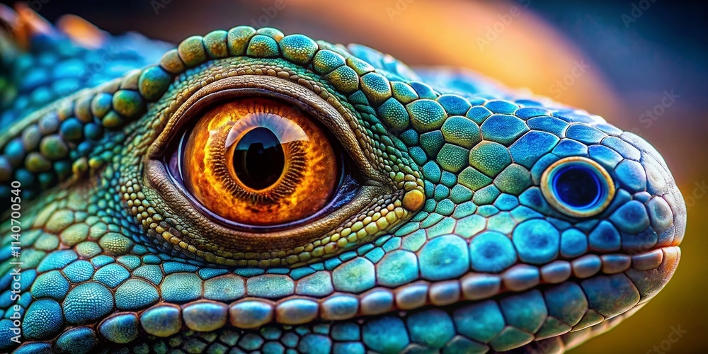 Fototapeta premium Stunning Blue Lizard Eye Macro Photo, Bokeh Background, Reptile Eye Closeup, Elliptical Pupil, Big Blue Eye, Isolated Animal Eye