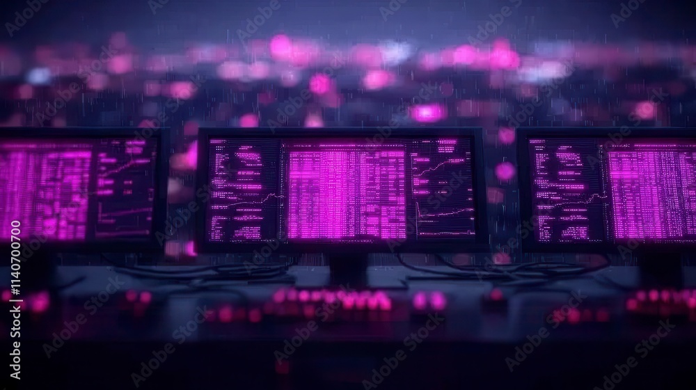 Cyberpunk Rain Night Data Streams on Monitors