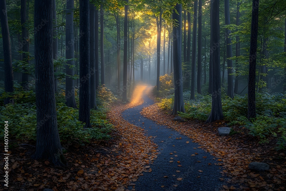Fototapeta premium A serene path winding through a misty forest at sunrise, with golden light filtering through the trees, creating a tranquil and enchanting atmosphere.