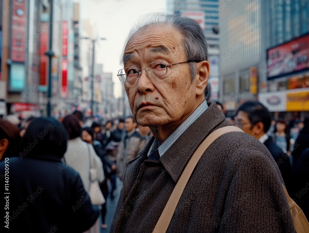 portrait of an older man in a crowded city street portrait of an older man in a crowded city street