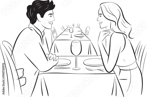 Happy couple spending quality with wine during lunch in a restaurant valentine couple dining sketch vector art