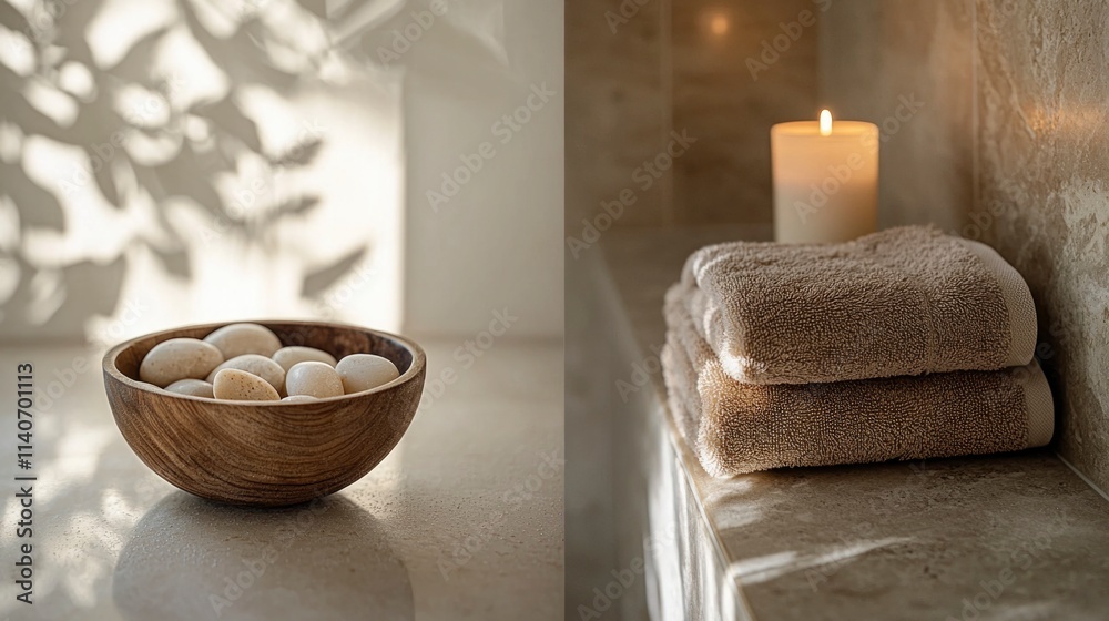 A peaceful relaxation area showcasing a wooden bowl filled with smooth stones alongside neatly stacked towels and a softly glowing candle, creating a serene atmosphere A peaceful relaxation area showcasing a wooden bowl filled with smooth stones alongside neatly stacked towels and a softly glowing candle, creating a serene atmosphere