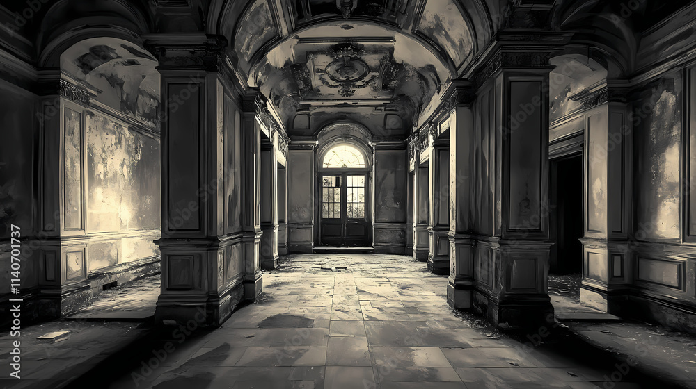 Decaying grandeur: a haunting view of an abandoned interior. Ashen. Illustration Decaying grandeur: a haunting view of an abandoned interior. Ashen. Illustration