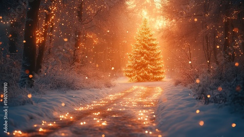 A snowy forest path leading to a glowing Christmas tree. photo