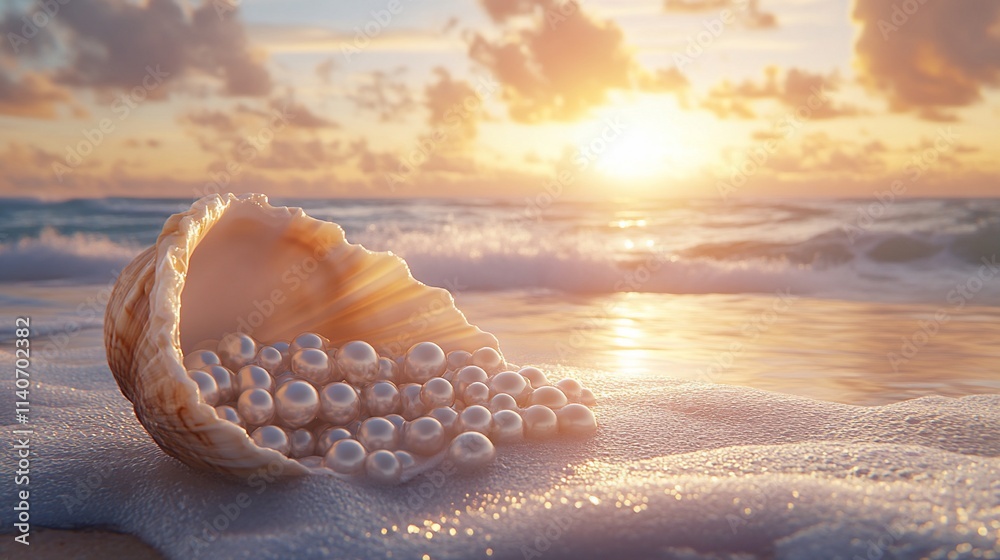 Seashell filled with pearls on beach at sunset. Seashell filled with pearls on beach at sunset.