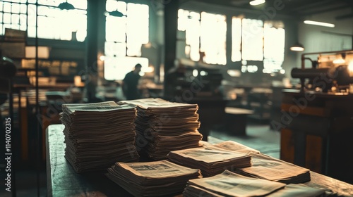 Vintage printing shop filled with stacks of freshly printed newspapers and bustling activity in a warm, nostalgic environment