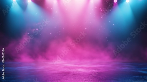 Vividly Glowing Stage Photo With Colorful Lights And Smoky Haze. AI Generated