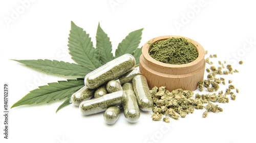 Herbal supplements with cannabis leaves and green powder.