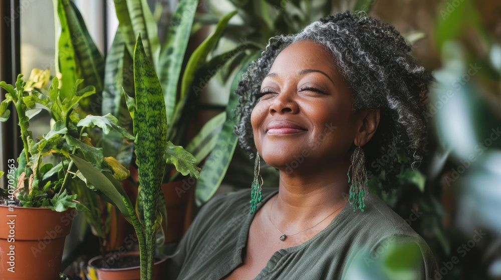 Smiling Woman Surrounded by Indoor Plants in Bright Natural Light Smiling Woman Surrounded by Indoor Plants in Bright Natural Light