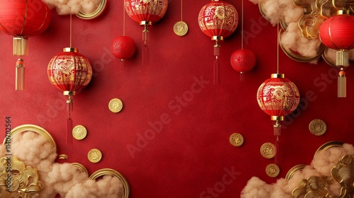 Celebratory lanterns and coins for lunar new year festive decor indoor setting cultural significance vibrant atmosphere photo