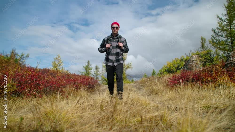 Handsome man gets walks on nature on the background Breathtaking Scenic Autumn Landscape Featuring Majestic Mountains and a Classic Vintage Vehicle Handsome man gets walks on nature on the background Breathtaking Scenic Autumn Landscape Featuring Majestic Mountains and a Classic Vintage Vehicle