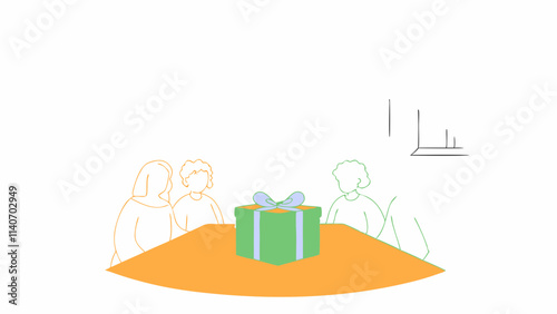 Group of three gathers around a table,in the center of which stands a green gift box decorated with a bow.Scene is in a minimalistic linear style with an orange table and sparse background details.AI