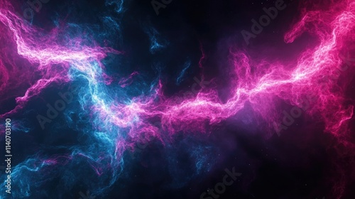 Dark abstract background with glowing cyan and magenta light streaks, flowing motion effect, ultra HD, 8K wallpaper