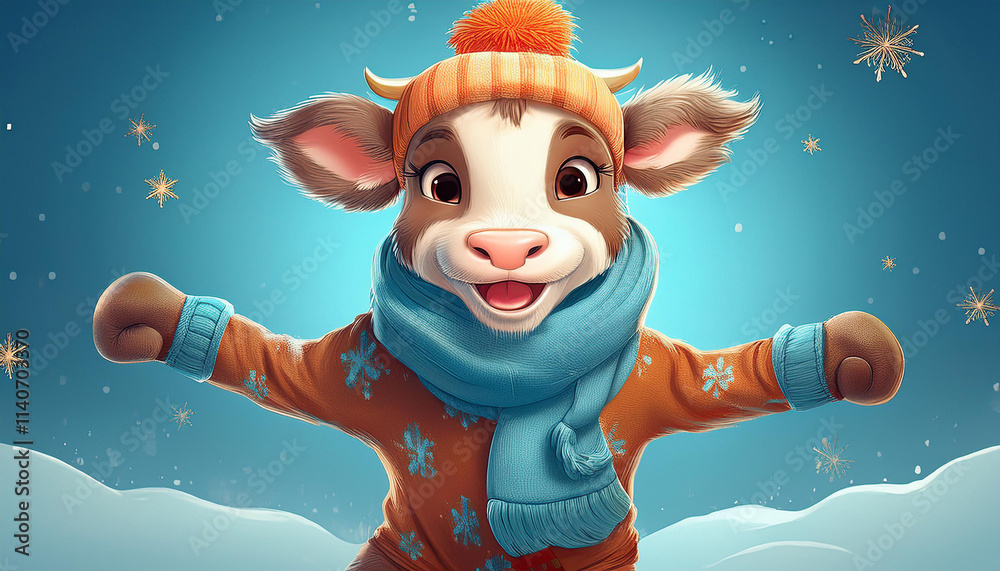 Charming Winter Cow, A Playful Character in Snowy Wonderland Charming Winter Cow, A Playful Character in Snowy Wonderland