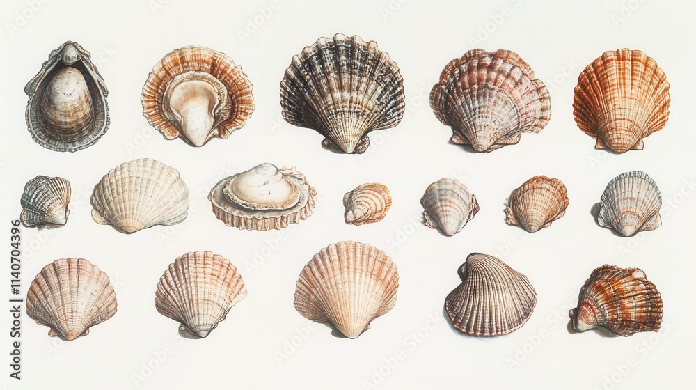 Collection of Various Shells Displayed on a Light Background Collection of Various Shells Displayed on a Light Background