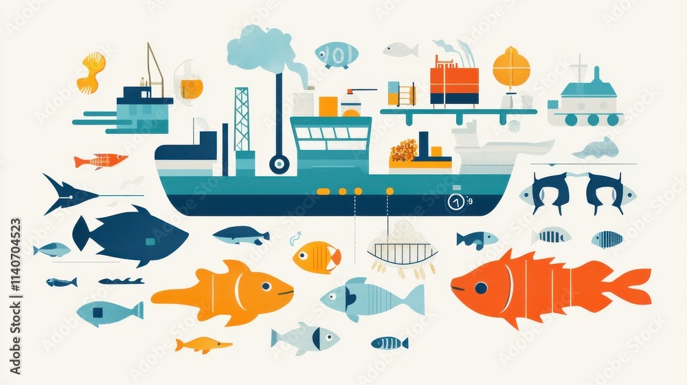 Obraz premium Colorful Marine Life and Ship Illustration for Nautical Themes