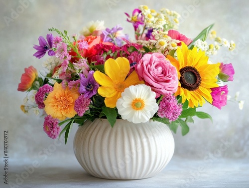 a bright bouquet of colorful flowers in a white vase