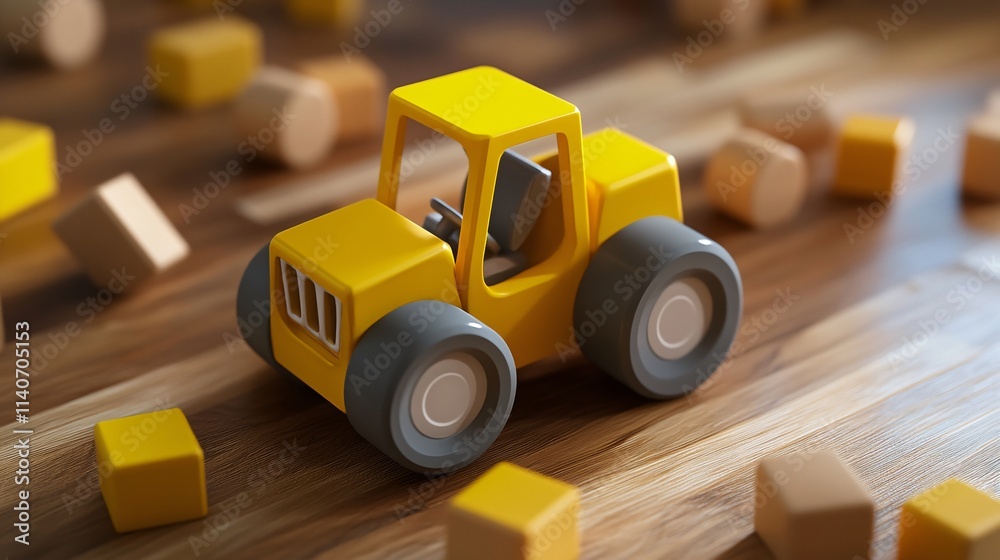 Yellow Toy Bulldozer on Wooden Blocks Background Yellow Toy Bulldozer on Wooden Blocks Background