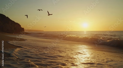 Golden Sunset Over Calm Beach with Seagulls in Flight and Gentle Waves Lapping at the Shore