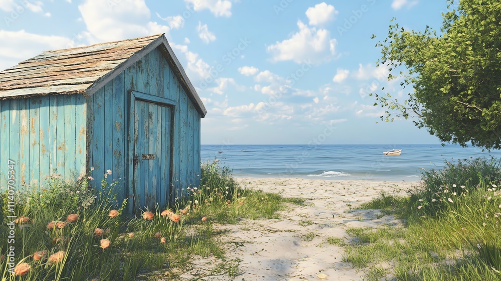 Scenic beach view featuring a colorful shed by the shore. Scenic beach view featuring a colorful shed by the shore.