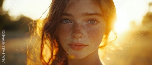 close up of a girl with freckles at sunset