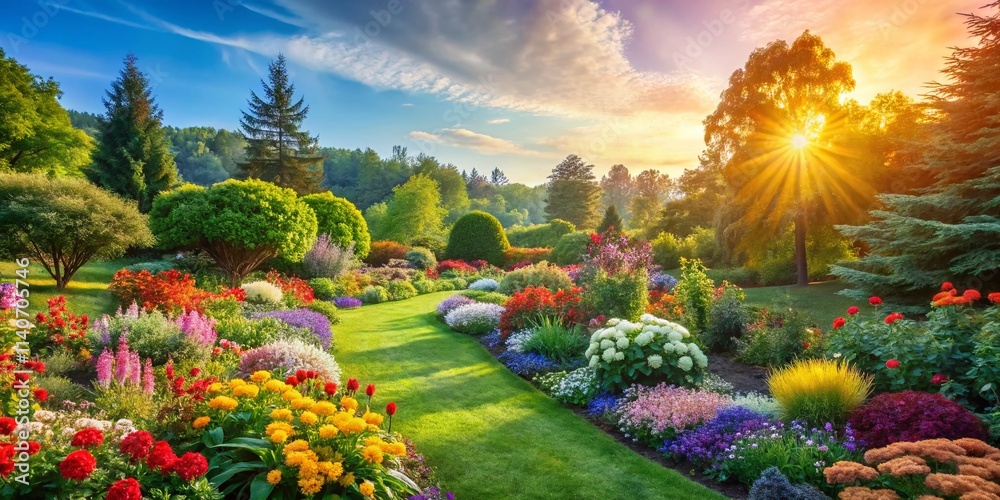 Naklejka premium Stunning Garden Landscape Photography: Picturesque Floral Scenes, Lush Greenery, Serene Nature Backdrops