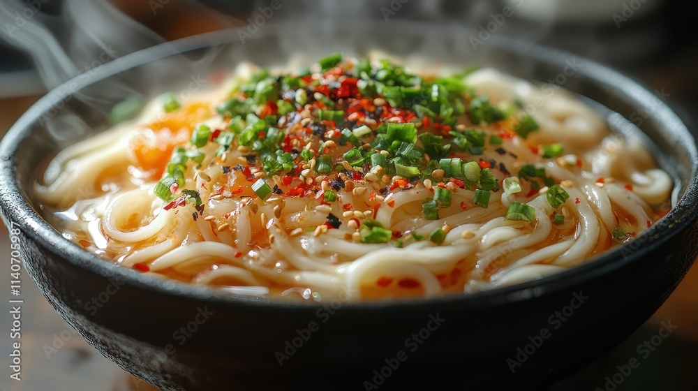 A steaming bowl of longevity noodles garnished with fresh vegetables and spices.A steaming bowl of longevity noodles garnished with fresh vegetables and spices. A steaming bowl of longevity noodles garnished with fresh vegetables and spices.A steaming bowl of longevity noodles garnished with fresh vegetables and spices.