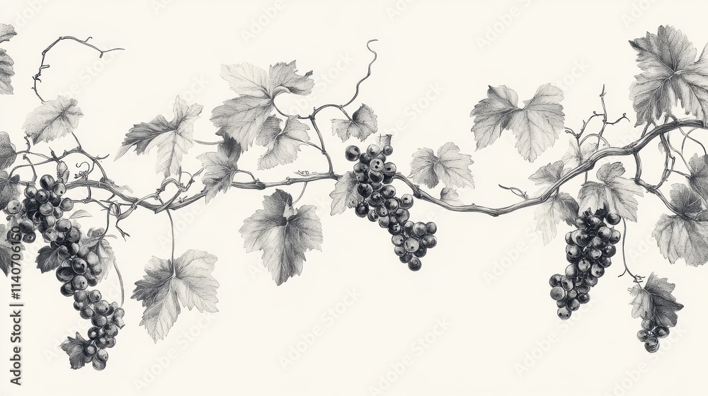 Fototapeta premium Hand-Drawn Black and White Illustration of Grapes and Leaves