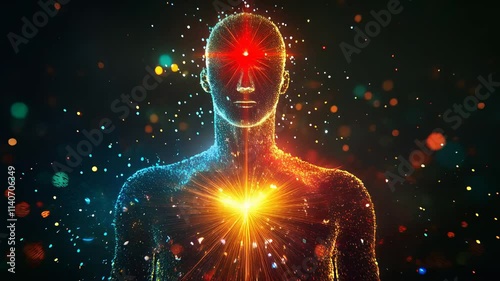 Human silhouette composed of colorful particles representing energy and light in a cosmic atmosphere