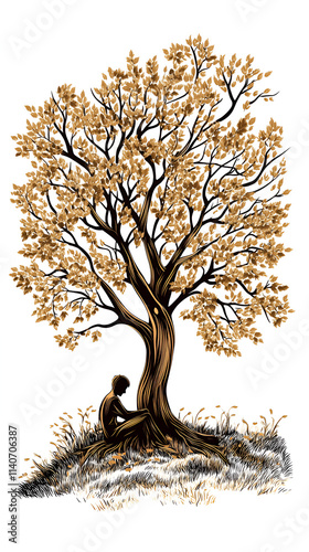 A young man sitting peacefully under a tree with autumn leaves in an artistic style