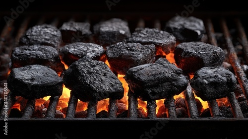 Charcoal briquettes on a hot barbecue grill with flames. photo