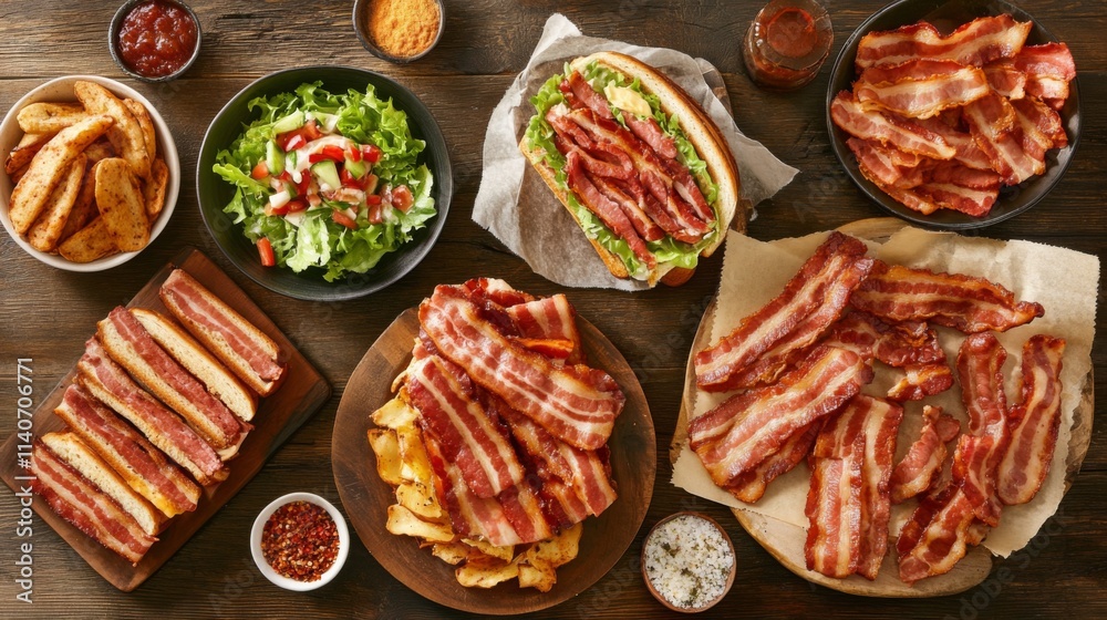 Delicious Spread of Crispy Bacon with Fresh Ingredients and Sides Delicious Spread of Crispy Bacon with Fresh Ingredients and Sides
