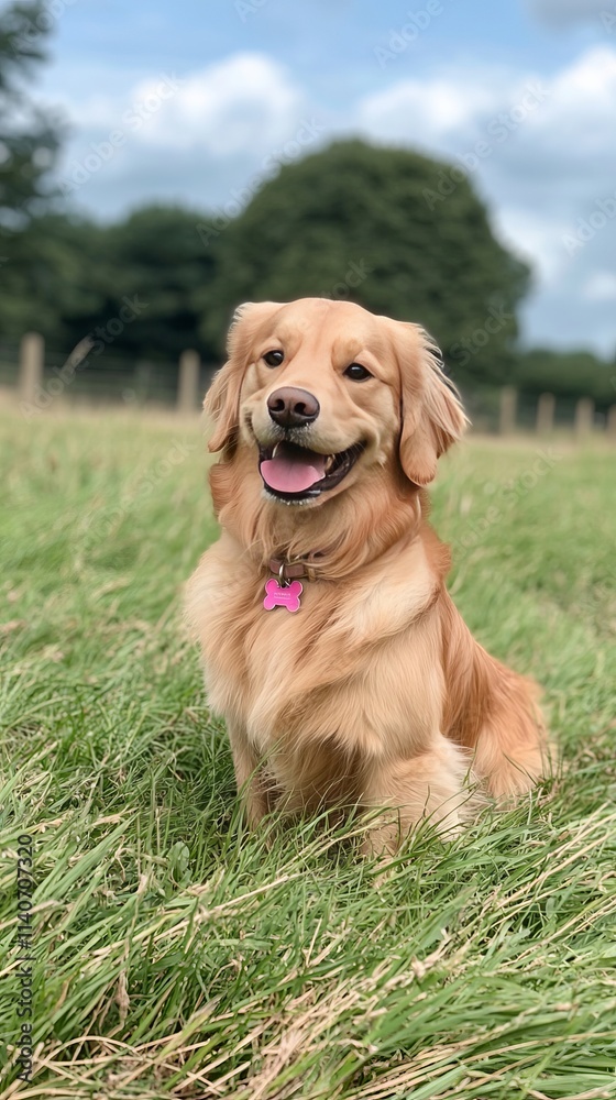A golden retriever sitting happily in a grassy field under a blue sky. A golden retriever sitting happily in a grassy field under a blue sky.