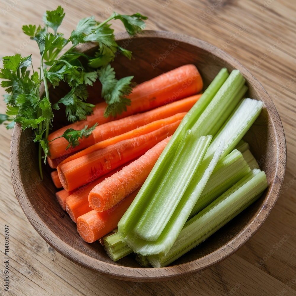 Bowl with celery, carrot sticks, and parsley on a wooden table.