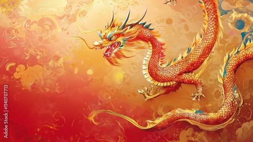 Majestic Red Dragon Breathing Fire in a Colorful Background