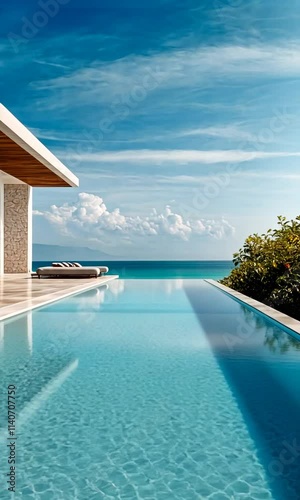 A serene modern villa with a pool overlooking the ocean under a clear blue sky.