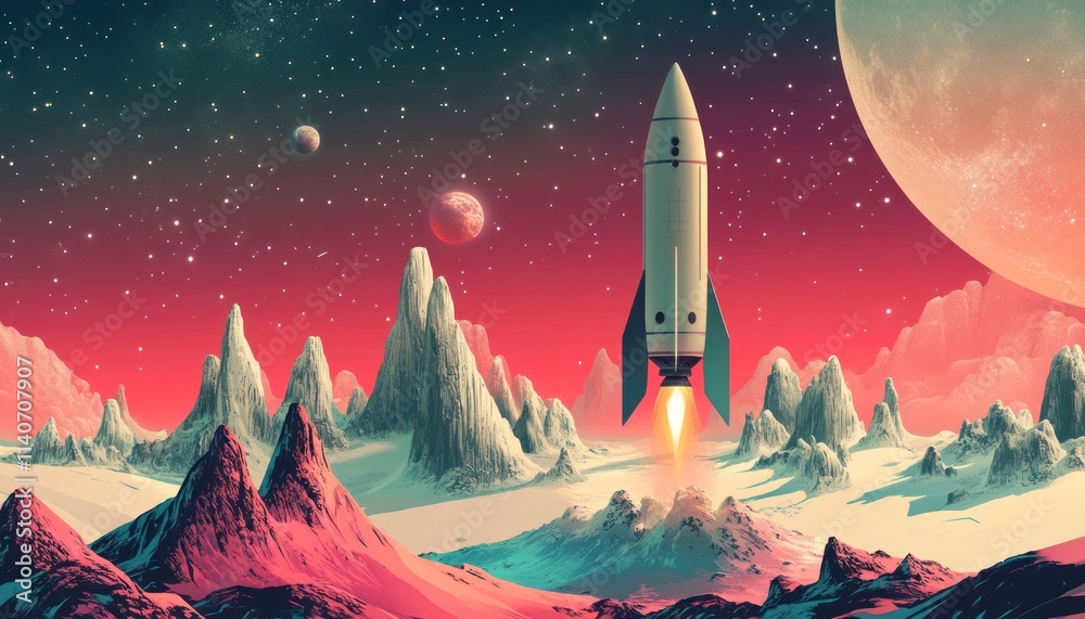 Naklejka premium Rocket Launching from a Mountainous Alien Landscape with Two Moons and Stars in the Night Sky