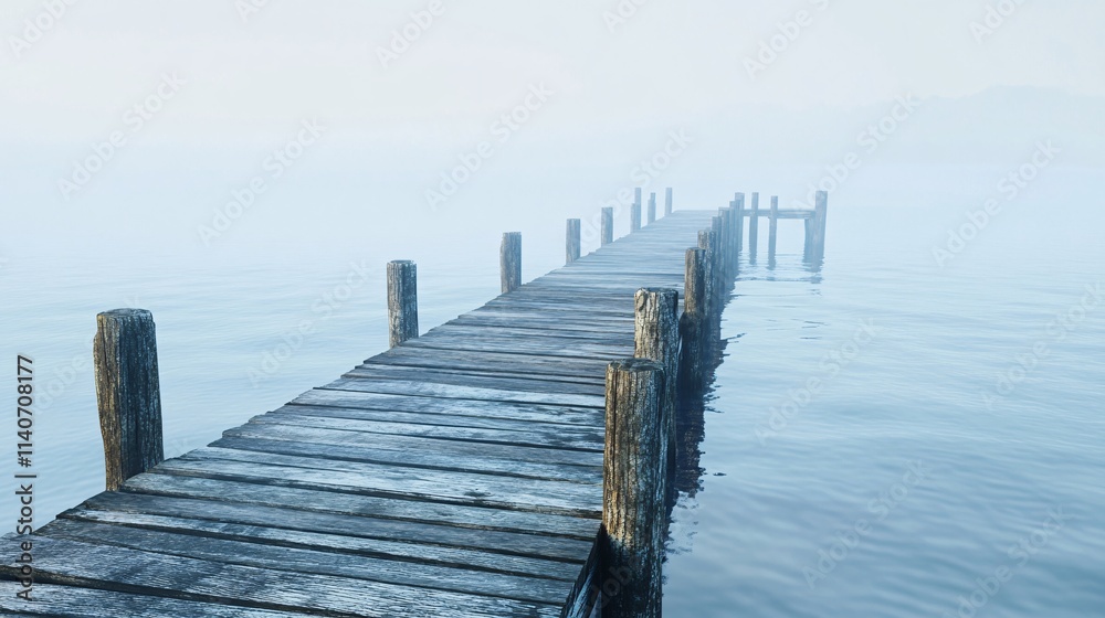 A serene, fog-covered wooden pier stretching into calm waters at dawn. A serene, fog-covered wooden pier stretching into calm waters at dawn.
