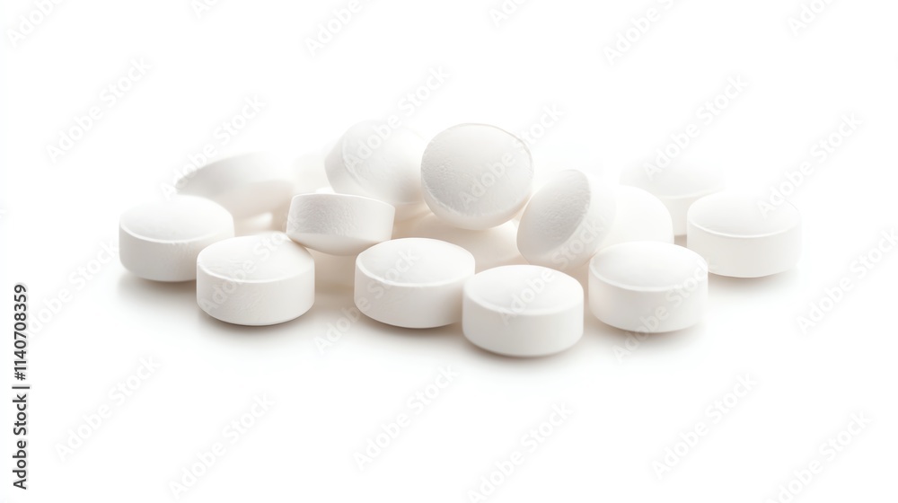 White tablets arranged in a scattered layout on a plain background. White tablets arranged in a scattered layout on a plain background.