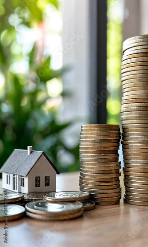 A model house beside stacks of coins, symbolizing real estate investment and financial growth.
