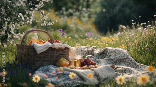 Enjoy a sunny picnic with fresh fruit and drinks in a beautiful meadow filled with colorful flowers.