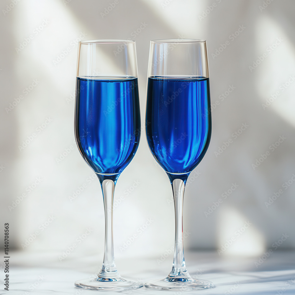 Two champagne glasses filled with deep blue liqui --v 6.1 Job ID: af347f01-303d-47af-af8d-97942200dcfb Two champagne glasses filled with deep blue liqui --v 6.1 Job ID: af347f01-303d-47af-af8d-97942200dcfb