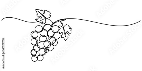 Continuous Line Drawing Of Grapes On A Transparent background, One line drawing grape fruits. Single outline organic nature food, Grape drawn in one continuous line. One line drawing, minimalism. 