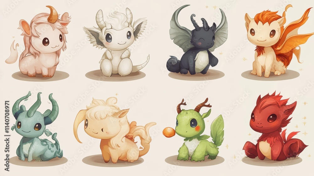 Obraz premium Cute Fantasy Creatures with Colorful Features and Happy Expressions