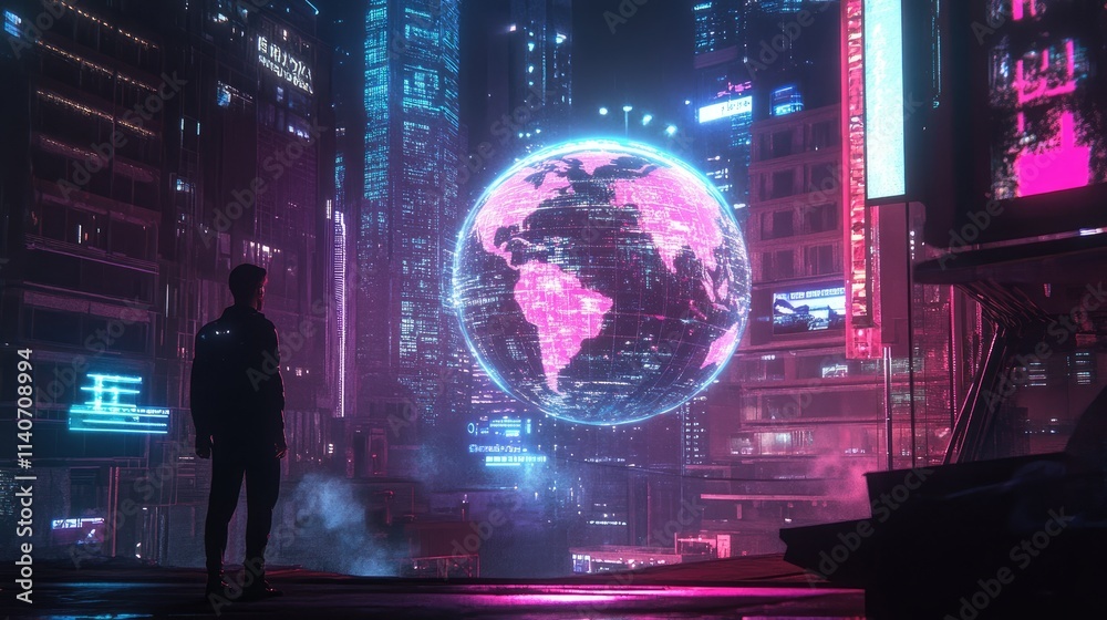 Fototapeta premium A world trade concept depicted with a glowing holographic globe in a dark cyberpunk-style setting, vivid neon highlights, sci-fi aesthetic
