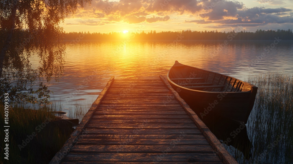 Naklejka premium A serene sunset over a calm lake, featuring a wooden dock and a boat resting peacefully at the shore.