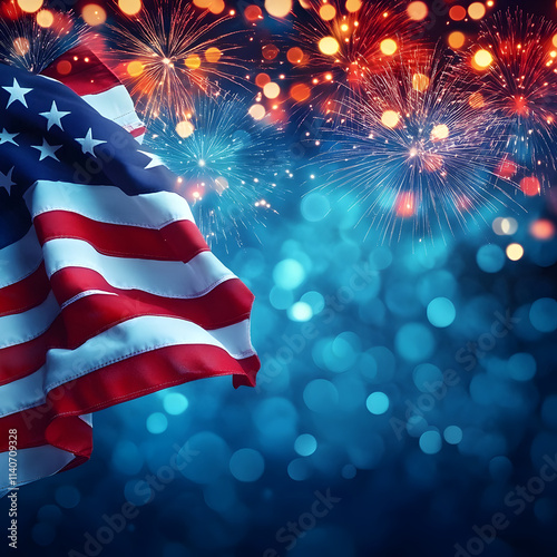 An American flag positioned on the left side, the flag drapes gracefully, showcasing its vibrant red, white, and blue colors. Fireworks Bursting across the top and right side of the image, the firewo photo