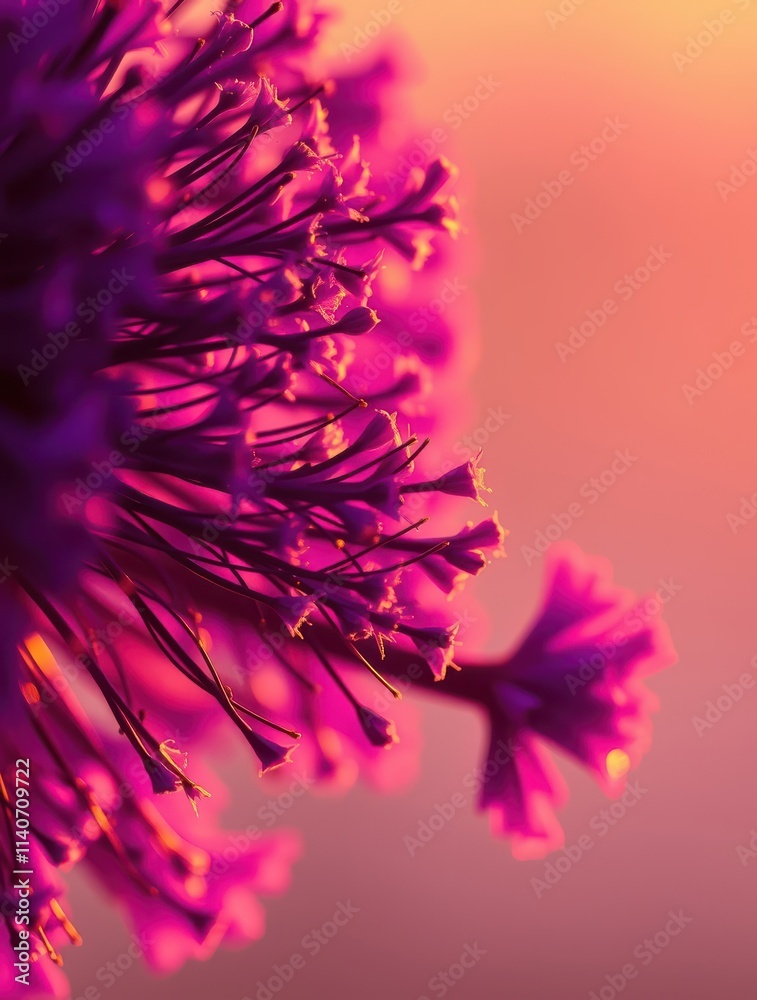 Fototapeta premium Crimson Sunset Bloom: Close-up of a vibrant purple flower at sunset, showcasing intricate details and warm, golden light. A captivating image for nature lovers. 
