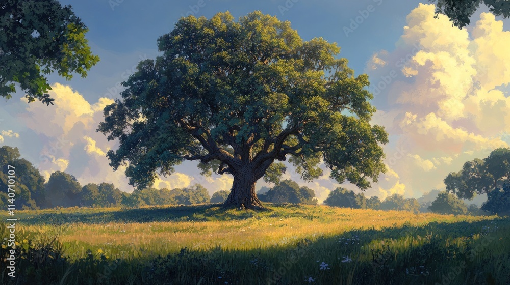 Majestic oak tree in a sunlit field, peaceful landscape. Majestic oak tree in a sunlit field, peaceful landscape.