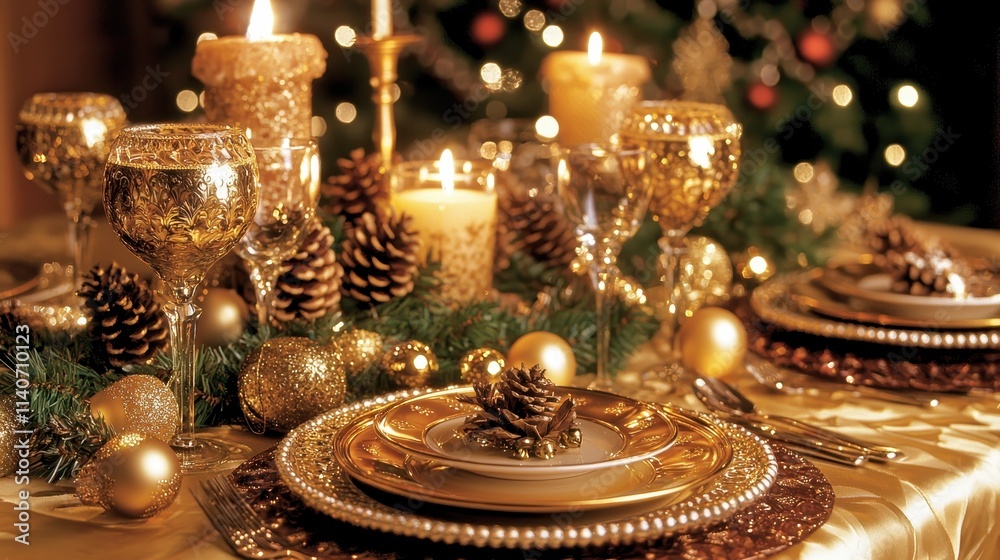 Festive table setting with candles pinecones and golden plates for a Christmas dinner Festive table setting with candles pinecones and golden plates for a Christmas dinner